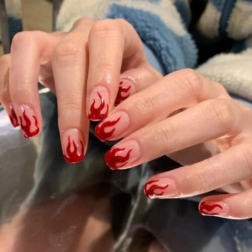 24PCS Full Set with Jelly Gel Glue On False Fingernail Acrylic Presson Red Flame Square Short Fake Nails JP1580-B3