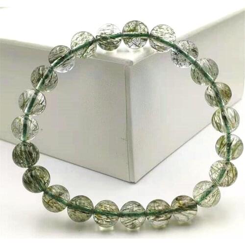 8mm 100% Natural Green Tourmilated Quartz Rutilated Clear Round Beads Bracelet Women Men Fashion Best Stone AAAAA
