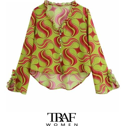 TRAF Za Women Fashion Semi-sheer Geometric Print Ruffled Blouses Vintage Long Sleeve With Vents Female Shirts Chic Tops