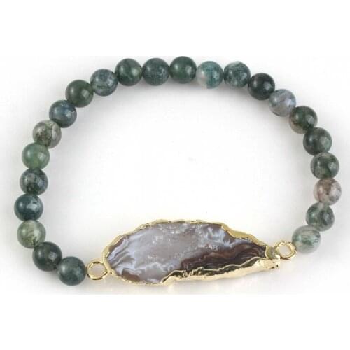 Kraft-beads Light Yellow Gold Color Irregular Shape Onyx Slice Geode Connect India Agates Round Beads Elastic Bracelet