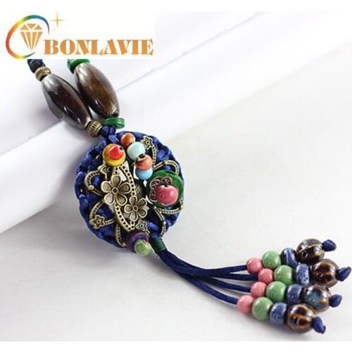 Japanese Style Long Sweater Chain Handmade Rope Woven Vintage Round Flower Beads Tassel Pendant Necklace Jewelry Dropshipping