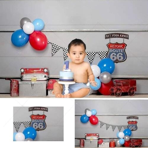 Boy 1st Birthday Cake Smash Phtography Backdrop for Vintage Route 66 Blue Balloon Decoration Kids Photo Props Studio Background
