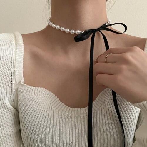 Korean Fashion Bowknot Pearls Choker Necklaces For Women Girls Trendy Lace Bowknot Pearl Strand Necklace Fashion Jewelry Gifts