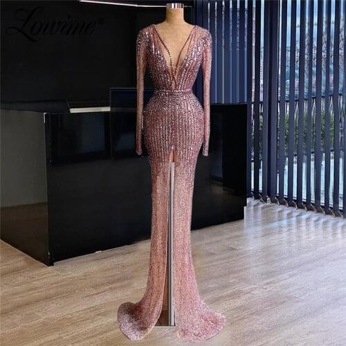 Lowime Luxury Handmade Beaded Crystal Evening Dresses Formal Long Sleeves Dubai V Neck Turkish Arabic Party Gowns Robe De Soiree
