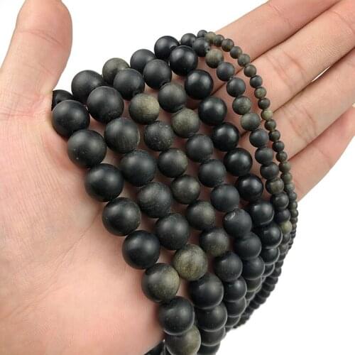 MKTREG Natural Matte Gold Obsidian Stone Top quality4/6/8/10/12MM Round ball Loose beads jewelry accessories bracelet making DIY