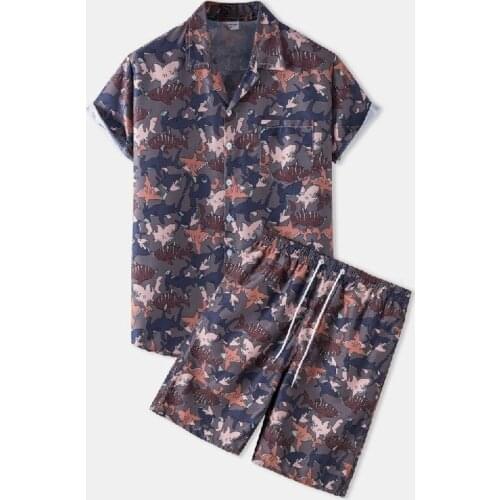 Shark Print Shirts with Shorts Mens Short Sleeve Casual Beach Holiday Hawaiian Shirt Sets Suit Camisas Summer Chemise Homme