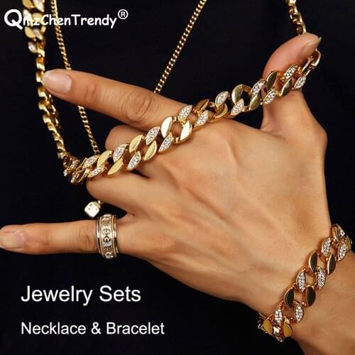 Mens Hip Hop Jewelry Sets Miami Cuban Link Chain Necklace Bracelets Gold Tone Bling Half Rhinestones Iced Out Chains Set