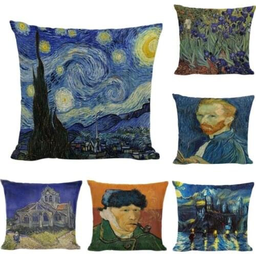 Famous Paintings Cushion Cover Van Gogh Self-portrait Pillowcase The Starry Night Sunflowers Home Decorative Throw Pillows Cojin