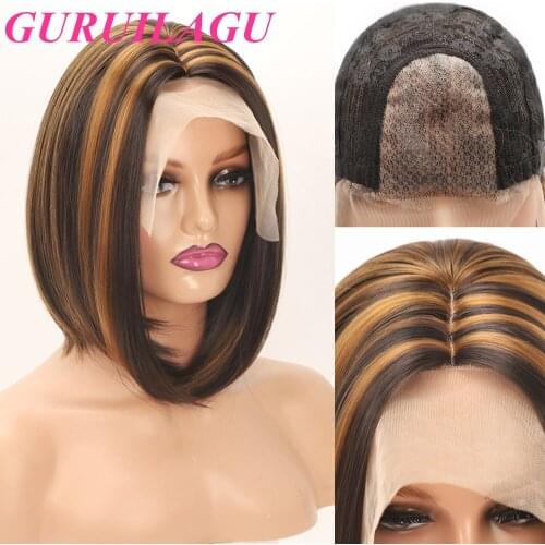 GURUILAGU Short Bob Wig Synthetic Hair Straight Wig With Brown Highlights Wigs For Women Middle Part Daily Party Cosplay Wig