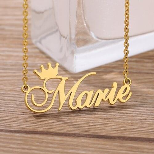 Personalized Name Crown Necklace Handmade Customized Cursive Font Nameplate Pendant Stainless Steel Chain Jewelry Birthday Party
