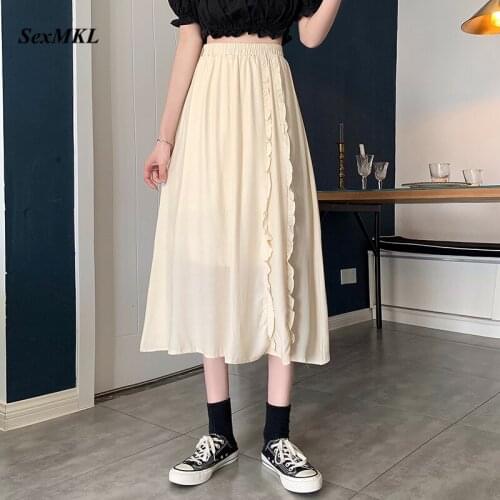 Pleated Midi Skirt Elastic High Waist Casual 2021 Harajuku Fashion Summer Long Skirts Womans Clothing Vintage Maxi Black Skirt