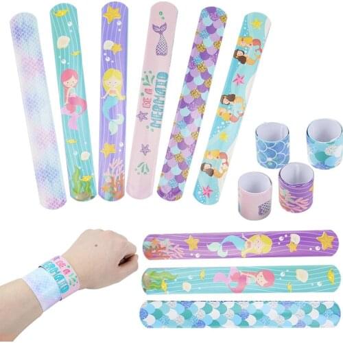 10PCS Kids Happy Birthday Party Supply Gift Memmaid / Dinosaur Slap Bracelets For Baby Shower Kids Favor Souvenir Baptism Gift