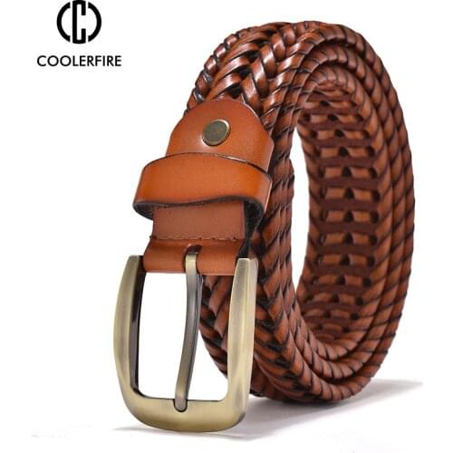 Men Genuine Leather Braided Belts Webbing High Quality Hand Vintage Belts for Men Gold Pin Buckle Casual for Jeans Strap HQ212