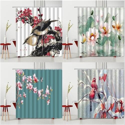 Chinese Style Flower And Bird Shower Curtains Ink Red Plum Lotus Printed Home Bathroom Decor Polyester Bath Partition Washable