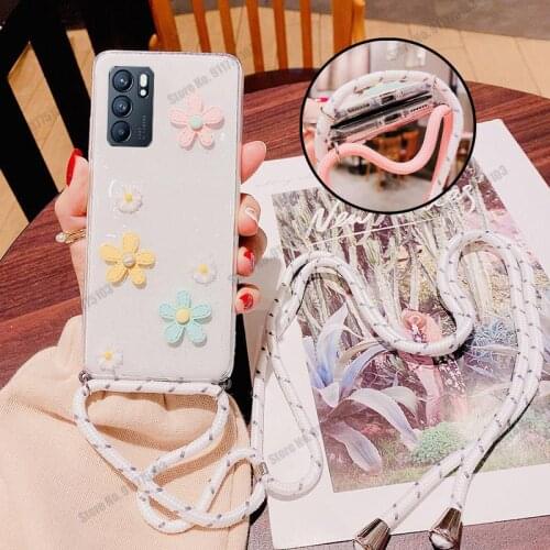 For Oppo Reno 6 Pro Plus A95 K9 3D Daisy Flowers Silicone Shockproof Phone Case For Realme V15 F19 Pro Plus Lanyard Strap Cover
