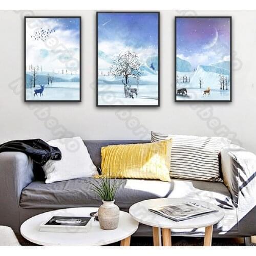 Fairyland Canvas Painting Wall Poster Snow Mountain Trees and Animals for Living Room Bedroom Sofa Background Wall Decoration