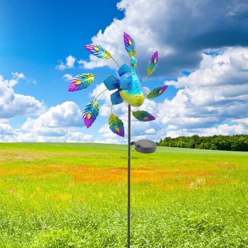 Windmill Beautiful Colorful Garden Decoration Wrought Iron Painted Peacock Solar Light Yard Stakes Wind Spinners for Lawn Plant