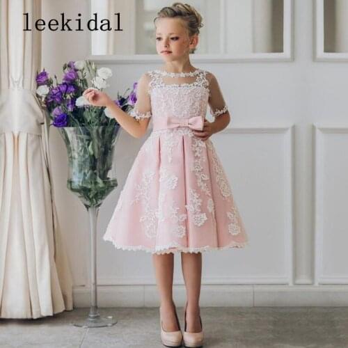 Long Sleeve Vintage Lace A Line Flower Girls Dress Pink Girls Celebrations Party Dresses Birthday Gowns Custom