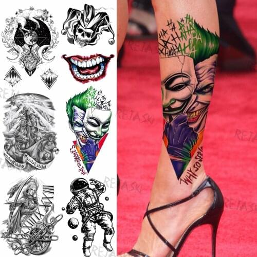 Watercolor Demon Clown Temporary Tattoos For Women Men Realistic Fake Warrior Astronaut Fox Moon Tatoos DIY Tattoo Stickers