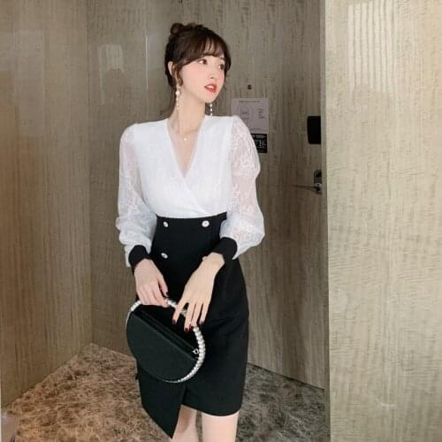High End Women Long Sleeve V Neck Dress Office Elegant Party Dress Autumn Bodycon Lace Patchwork Asymmetrical Dresses Vestidos