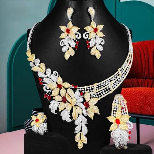 Blachette Jewelry 4PCS Luxury Big Leaf Flower Necklace Earring Ring Bracelet Set Dubai Bridal Engagement Wedding Women Jewellery