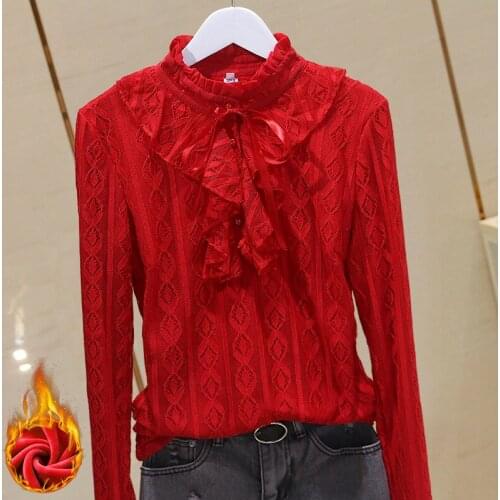 Red Fleece Lace Women Blouse Summer New Hollow Out Ruffles Thicken Warm Slim Long-Sleeved Office Lady Elegant Pulls Outwear Tops