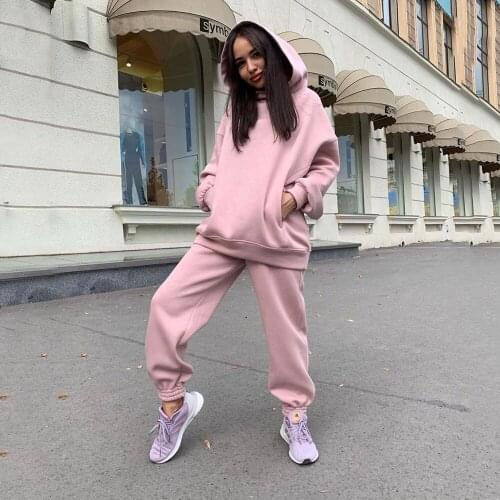 Women Streetwear Fashion Winter Outfits Fall Solid Casual Two Piece Set Hooded Pullovers Suit Sweatpants Lounge Wear Tracksuit