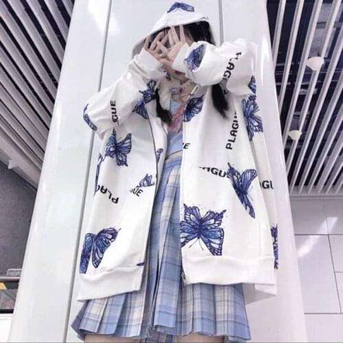 Spring and Autumn Student Zipper Women Sweatshirt Jacket White Loose Korean Butterfly Print Cardigan Casual Hooded Couple Tops