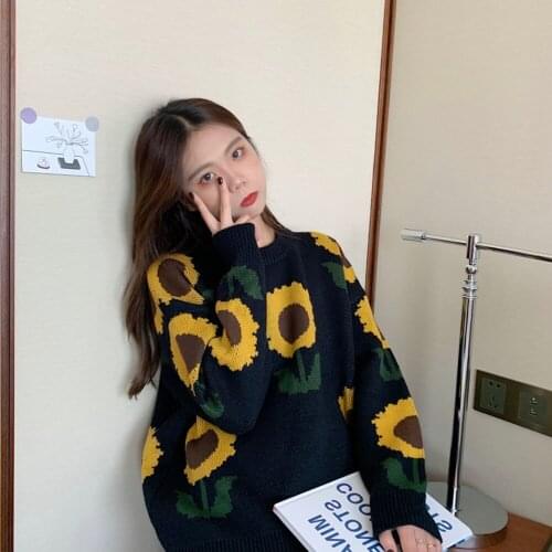 Korean Fashion Autumn Pullovers Sunflower Printing Knitted Sweater Women Retro Round Neck Floral Tops Casual Femme Jumpers
