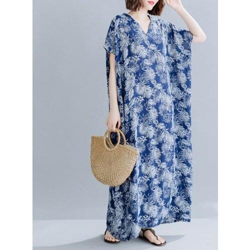 Chinese Style Dresses Summer 2020 Holiday Beach Boho V-Neck Print Loose Oversized Robe Vintage Femme Casual Dress Vestidos 12718
