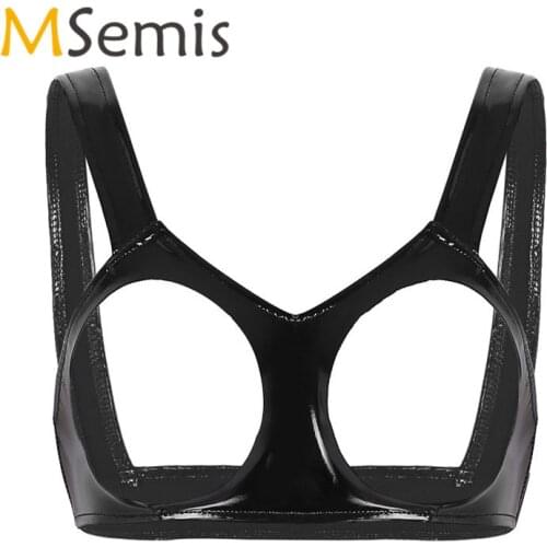 Womens Sexy Lingerie Wetlook Open Cups Bra for Women Clubwewar Faux Leather Bra Underwear Vest Tank Crop Tops Sleeveless Bra