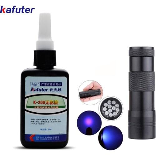 50ml Kafuter UV Glue UV Curing Adhesive K-300 Transparent Crystal and Glass Adhesive with 12led UV Flashlight