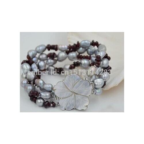 Free Shipping>>>4row 8" 10mm gray baroque freshwater cultured pearl garnet bracelet
