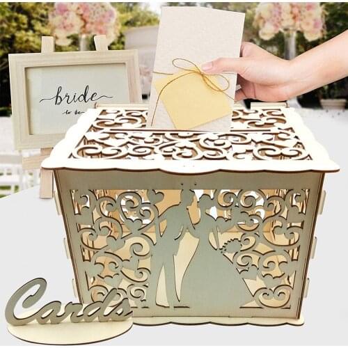 DIY Wedding Card Box Wooden Couple Money Boxes with Lock Hollow Floral Pattern Wedding Decor Gift Envelope Birthday Supplies