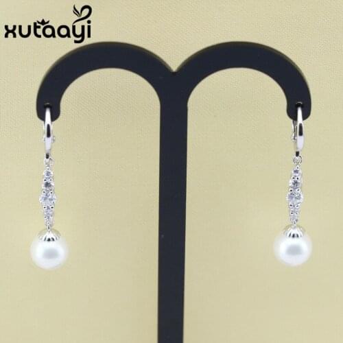 Imitation Round drop pearl long earrings silver hoops fashion jewelry for Women white gold Color AAA CZ ear loops