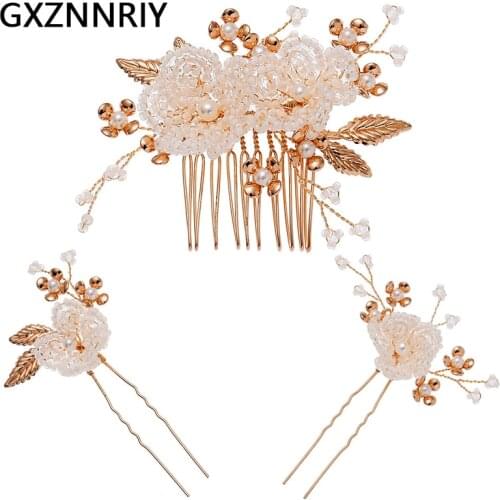 Bridal Wedding Hair Accessories 3pcs/set Flower Crystal Pearl Hair Combs Pins for Women Jewelry Bride Headpiece Bridesmaid Gift
