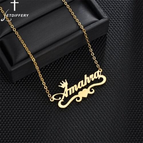 Letdiffery Personalized Custom Name Crown Pendant Necklaces Heart Lace Necklace Stainless Steel Nameplate Jewelry for Women Gift