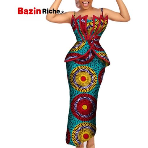 2 Pieces Set African Clothes for Women Strapless Tops and Long Skirts African Print Bazin Riche Women Suits Skirt Set WY206
