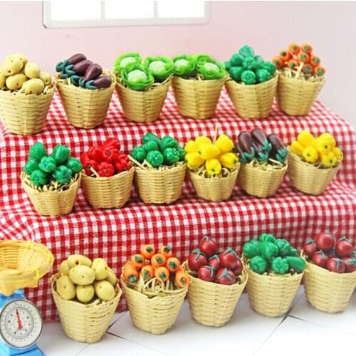 Hot 1:12 Mini Simulation Artificial Fruits And Vegetables For Children Doll House Vegetable Bamboo Basket Miniature Accessories