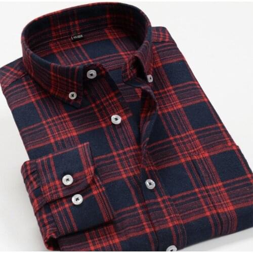 Mens Standard-Fit Long-Sleeve Plaid Cotton Shirt 2021 New Arrivals Four Seasons Fashion Casual Fat Red Shirt Men Plus Size