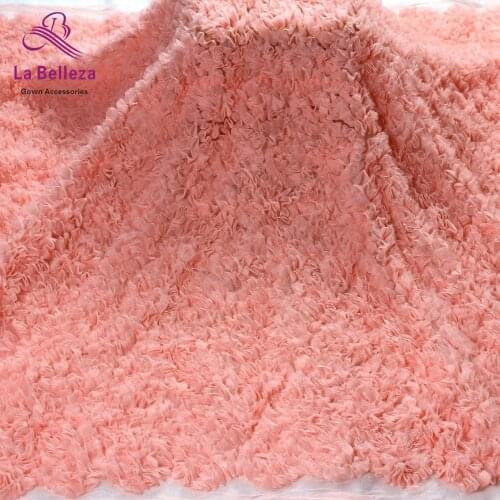 New fashion style pink 3D chiffon flowers on mesh high grade embroidery lace fabric by yard