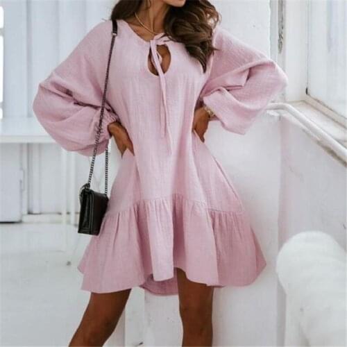Autumn Elegant Pink Long Lantern Sleeve Dress Women Casual Loose Mini Ruffled Dresses Sexy Hollow Out Lace-up Dress Vestidos