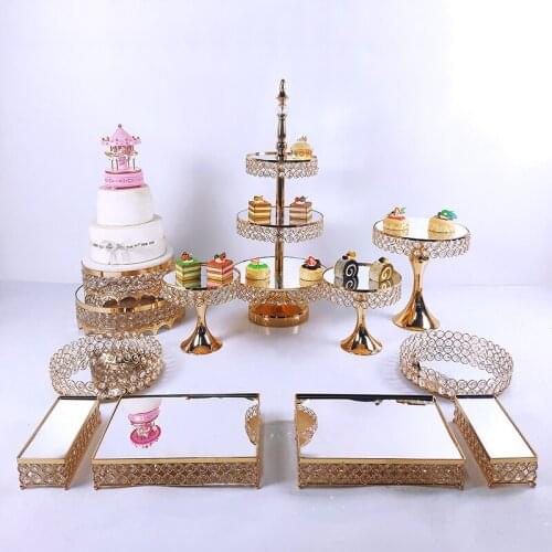5-14pcs Crystal Metal Cake Stand Set Acrylic Mirror Cupcake Decorations Dessert Pedestal Wedding Party Display Tray