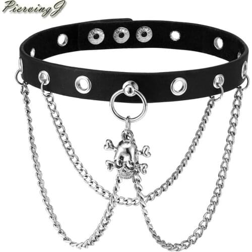 PiercingJ Black Leather Skull head Punk Gothic Choker Necklaces Adjustable Collar Necklace for Women Men