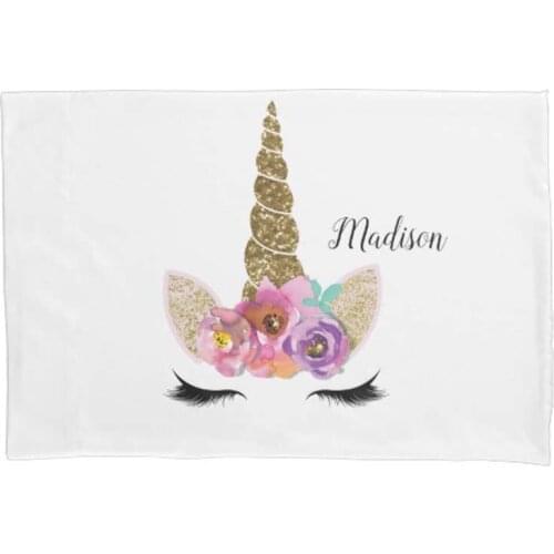 Customized Name Floral Unicorn Gold Girly Girls Sparkle Pillow Case Throw Pillow Cushion Cover Sofa Home Decorative Zippered 20