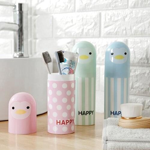 Portable Cartoon Cute Penguin Toothbrush Toothpaste Plastic Storage Box Hiking Travel Cup Mug Toothbrush Organizer Holder Case