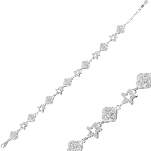 Silverlina Silver Clover & Star Zircon Cubic Zirconia Bracelet