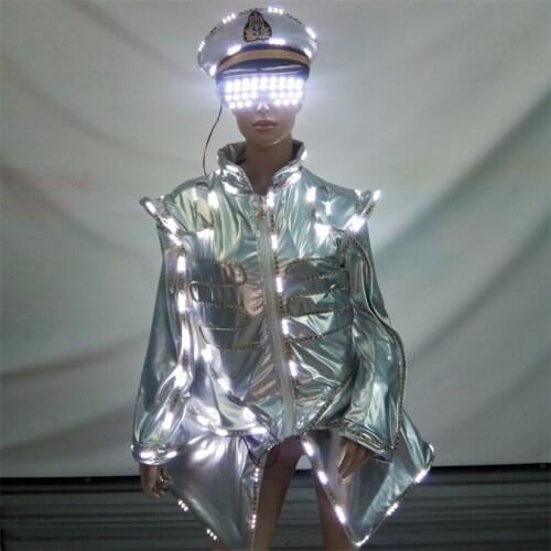 Led Luminous Waiter Uniforms With Glasses Hat Growing Light Up Stage Performance Clothes Halloween Party Nightclub Navy Suit