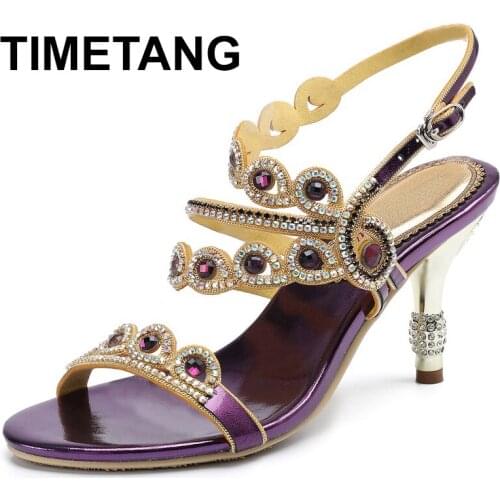 TIMETANG2021New Summer Rhinestone Gladiator Leather Sandals Crystal HighHeels Women Ladies Bridesmaid Wedding Shoes SandalsE1086