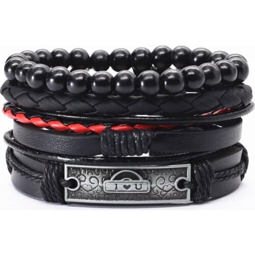 LUOBOTOU Vintage Men Leather Bracelets 4 Pcs/set Bronze Cross Guitar Love Charm Wood Beaded Weave Women Femme Homme Male Jewelry